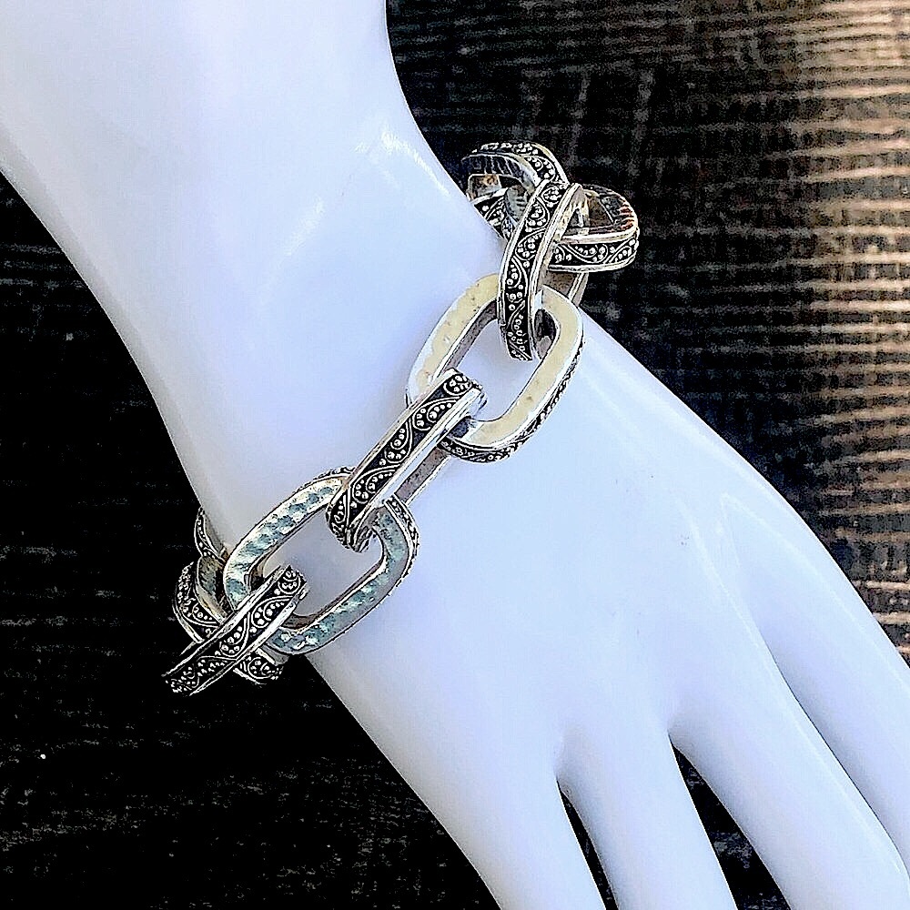 LOIS HILL Sterling Silver Granulated Hammered Oval Link Hidden Clasp Bracelet